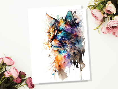 Watercolour Abstract Whimsical Cat Painting Greeting Card