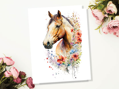 Watercolour Beautiful Horse With Flowers Painting Greeting Card