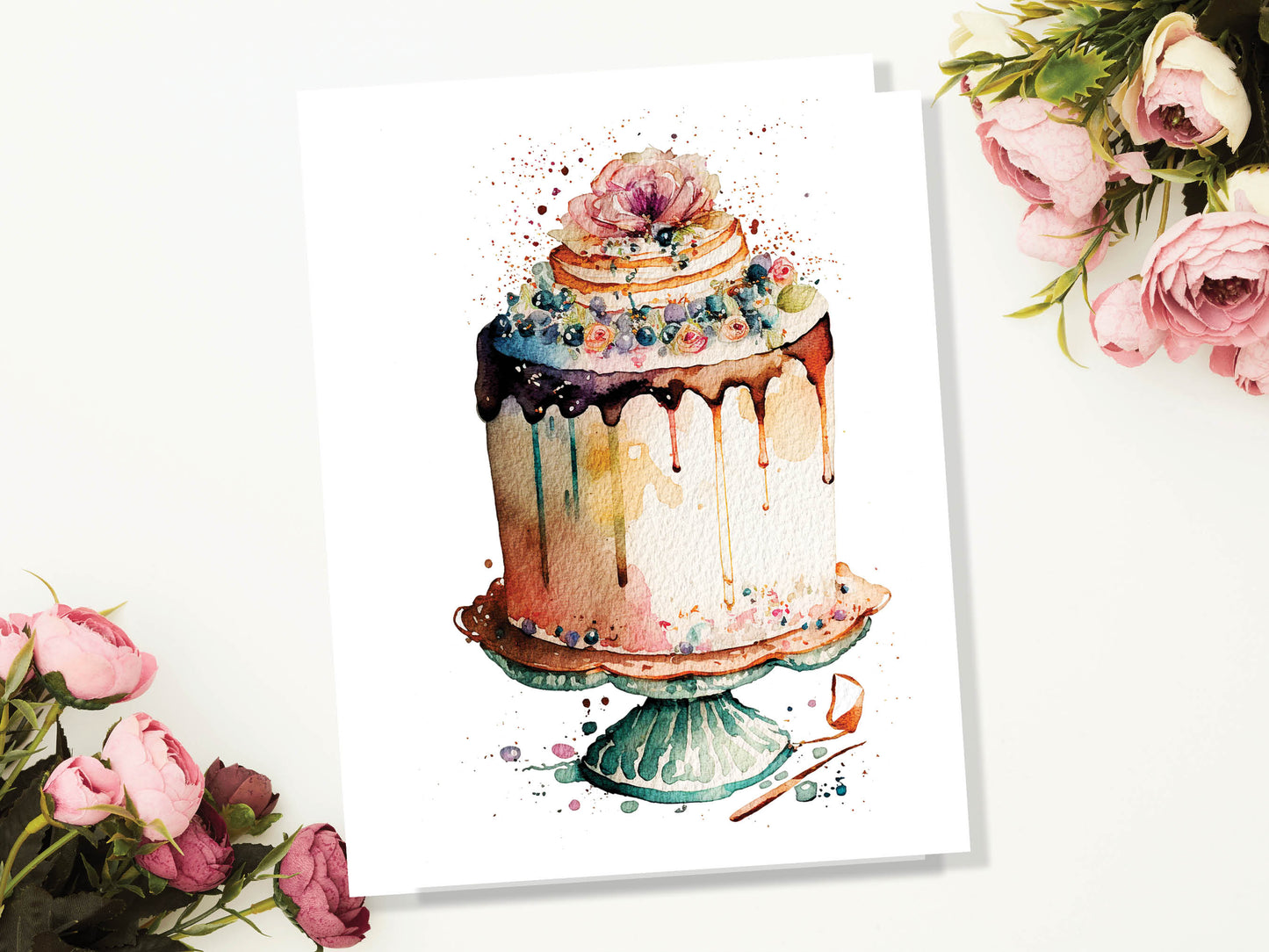 Watercolour Fluffy Birthday Cake Painting Greeting Card