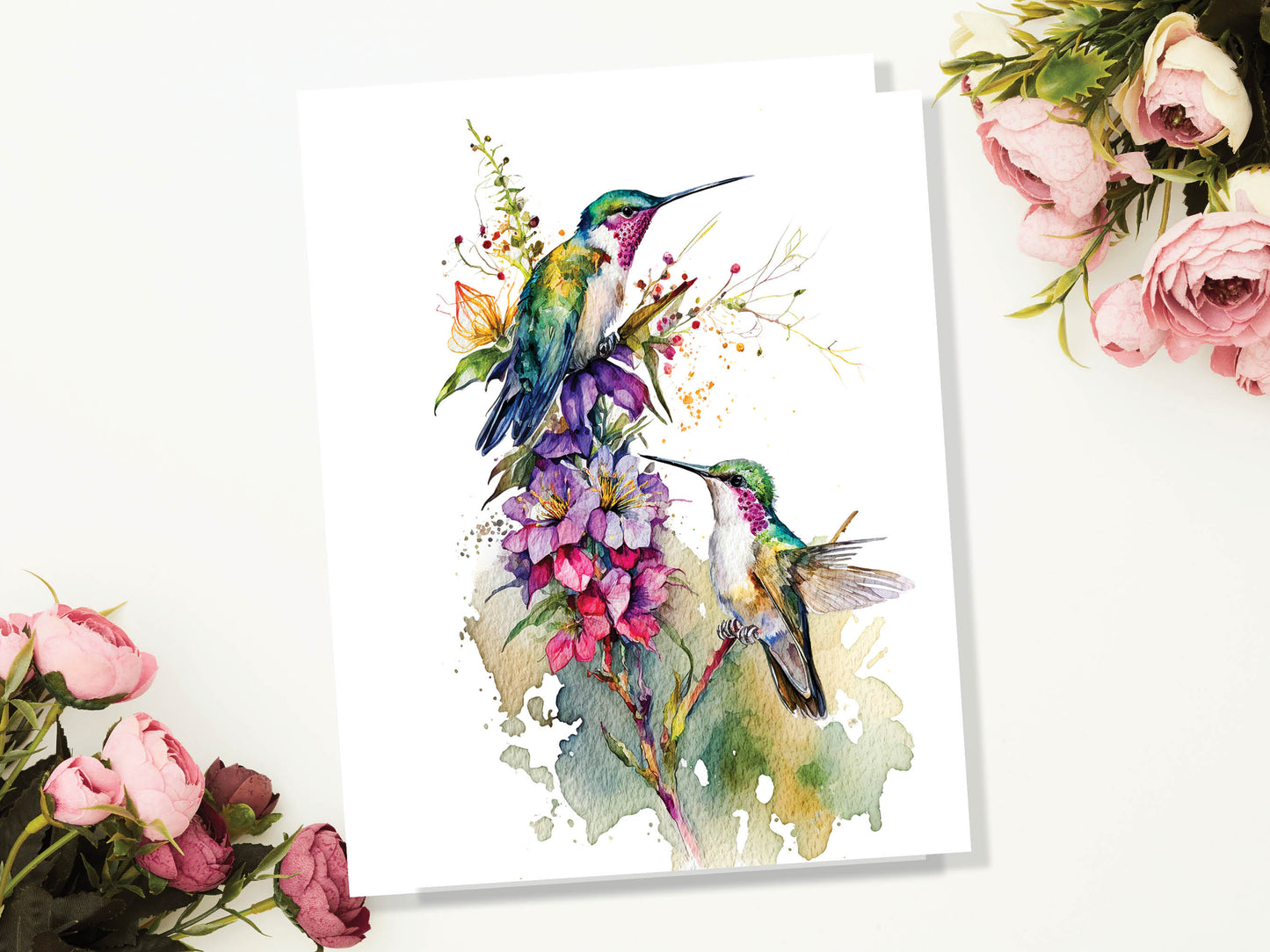 Watercolour Majestic Delightful Hummingbirds and Flowers Painting Greeting Card