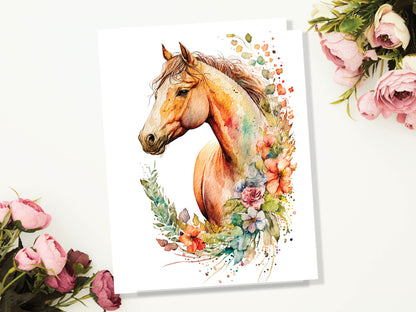 Watercolour Glamourous Horse With Flowers Painting Greeting Card