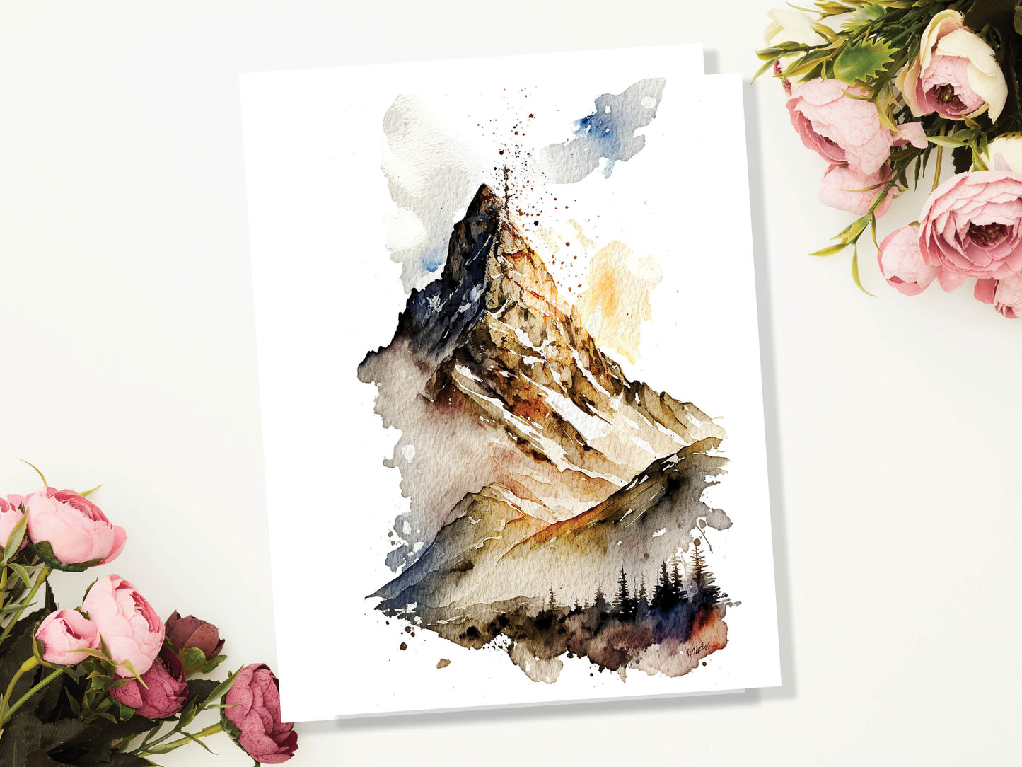 Watercolour Enchanting Mystical Mountain Painting Greeting Card