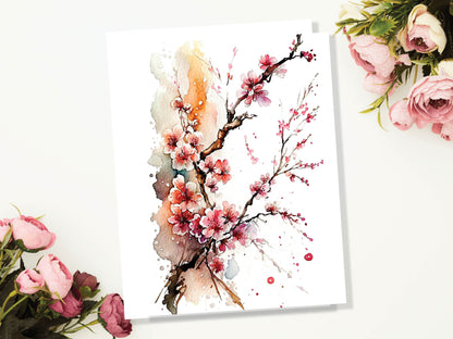 Watercolour Japanese Cherry Blossom Painting Greeting Card