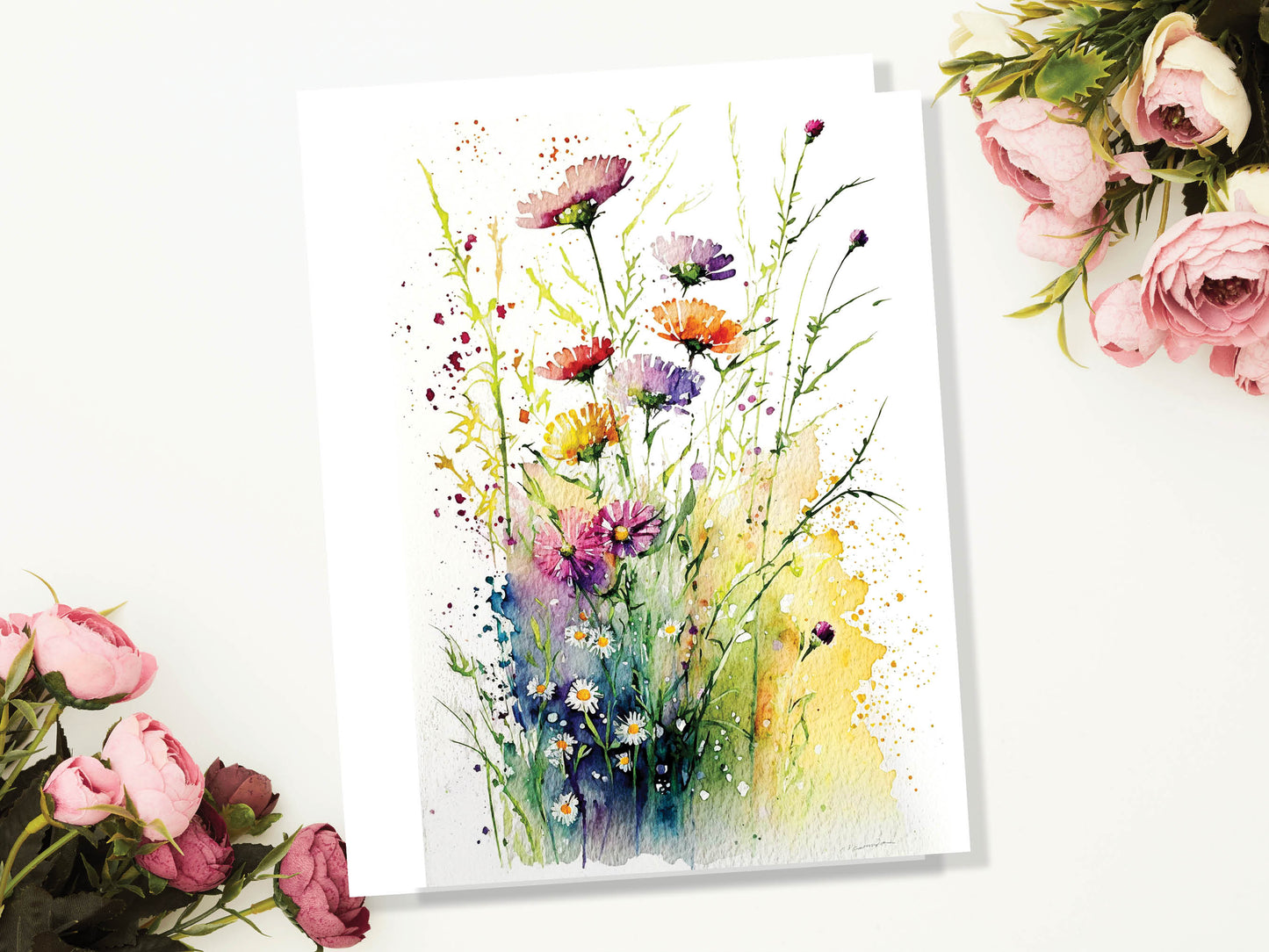 Watercolour Beautiful Field of Flowers Painting Greeting Card