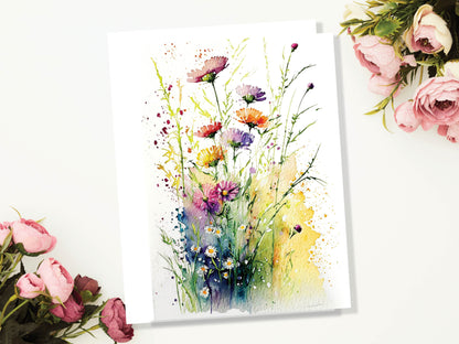 Watercolour Beautiful Field of Flowers Painting Greeting Card