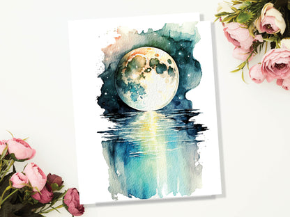 Watercolour Mystical Enchanting Moon Over Water Painting Greeting Card