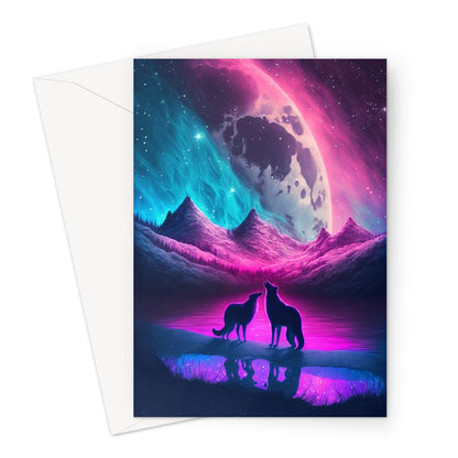 Mystical Wolves In A Starry Scenery Silhouette Greeting Card