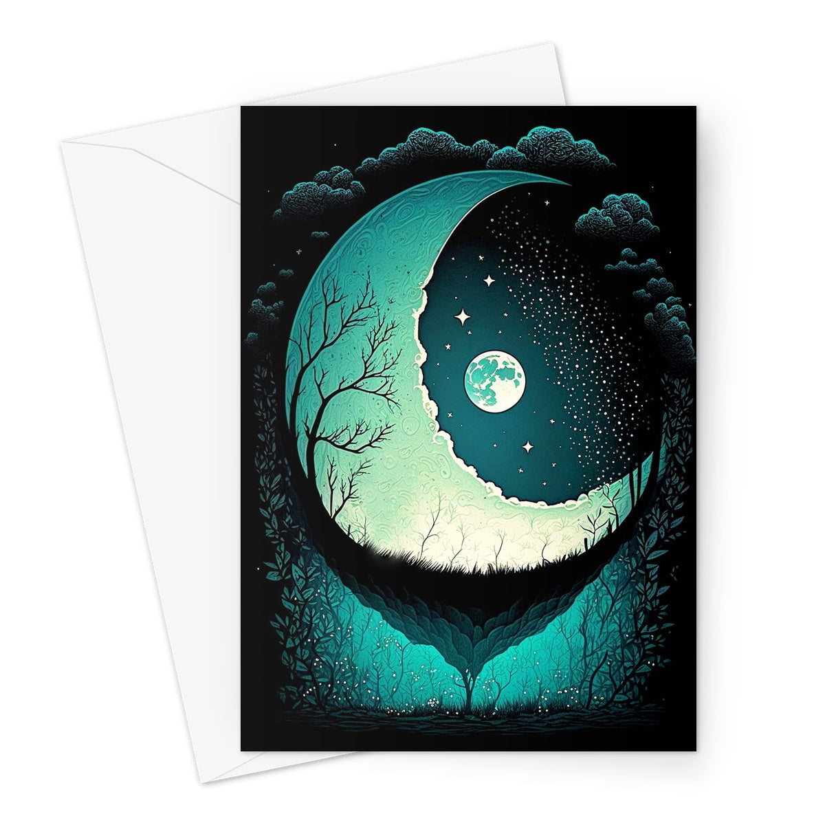 Whimsical Crescent Moon Dreamy Cloud and Nature Illustration Greeting Card