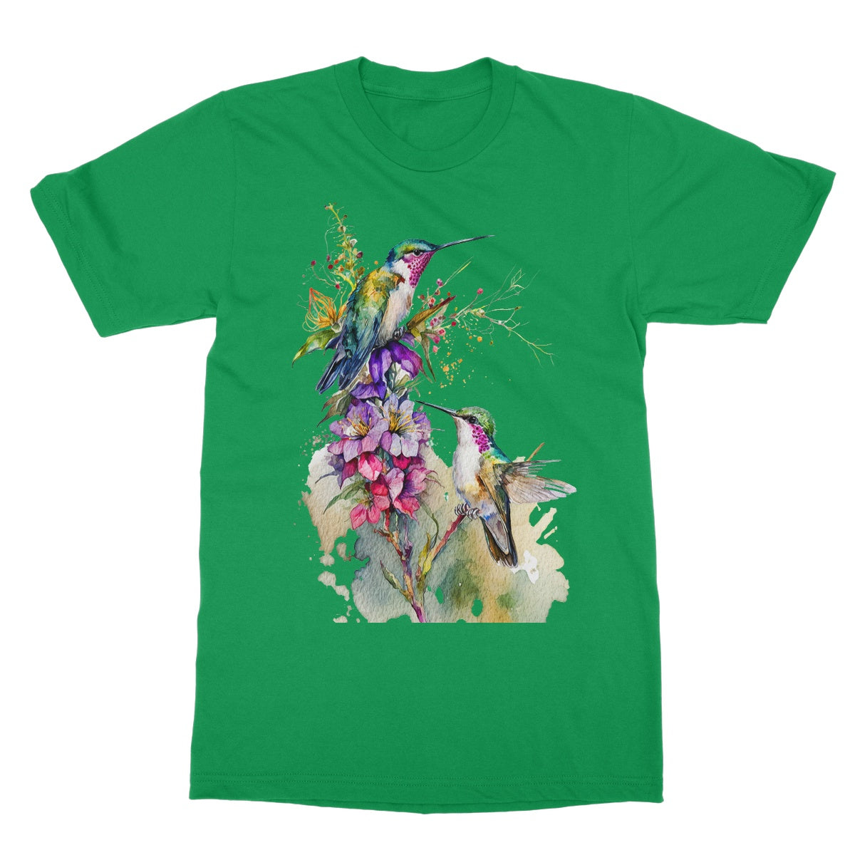 Watercolour Lovely Hummingbirds and Flowers Painting Softstyle T-Shirt