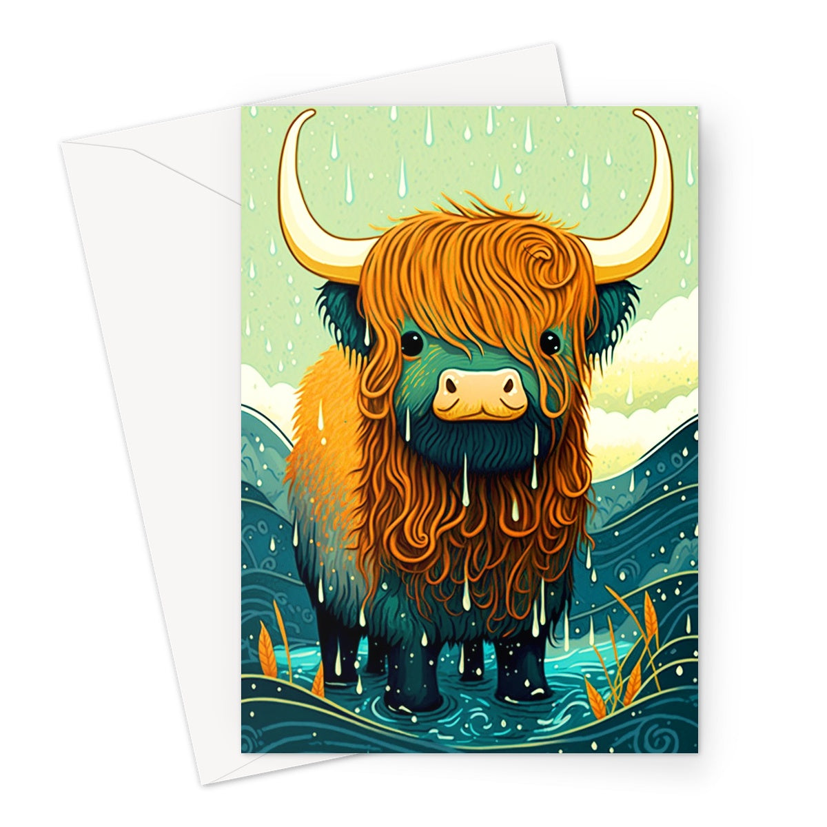 Whimsical Colourful Highland Cow Illustration Greeting Card