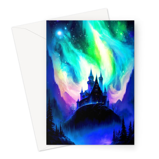 Iridescent Aurora Borealis Over A Fairytale Castle Greeting Card