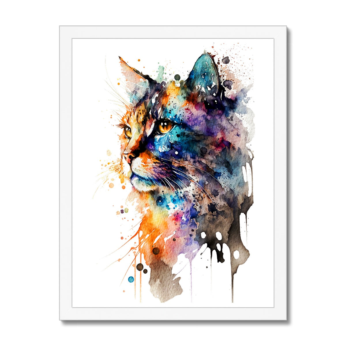 Watercolour Abstract Whimsical Cat Painting Framed Print