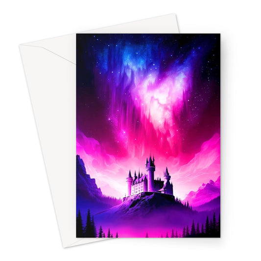 Pink and Purple Aurora Borealis Over Castle Greeting Card