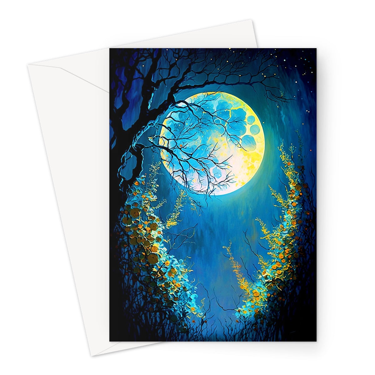 Whimsical Dreamy Moon Silhouette Tree and Nature Painting Greeting Card