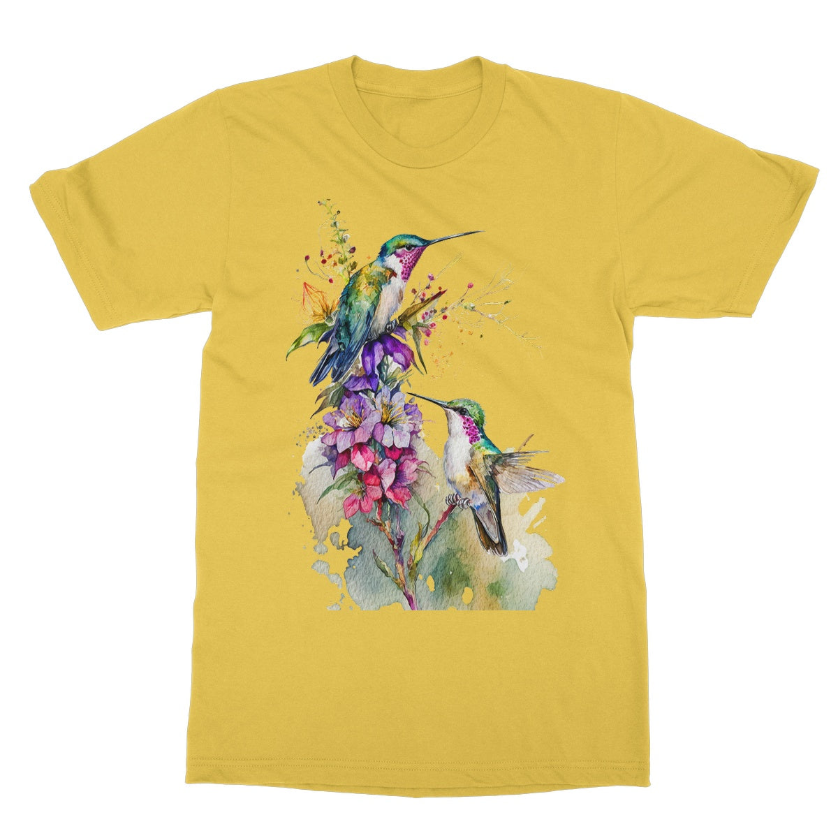 Watercolour Lovely Hummingbirds and Flowers Painting Softstyle T-Shirt