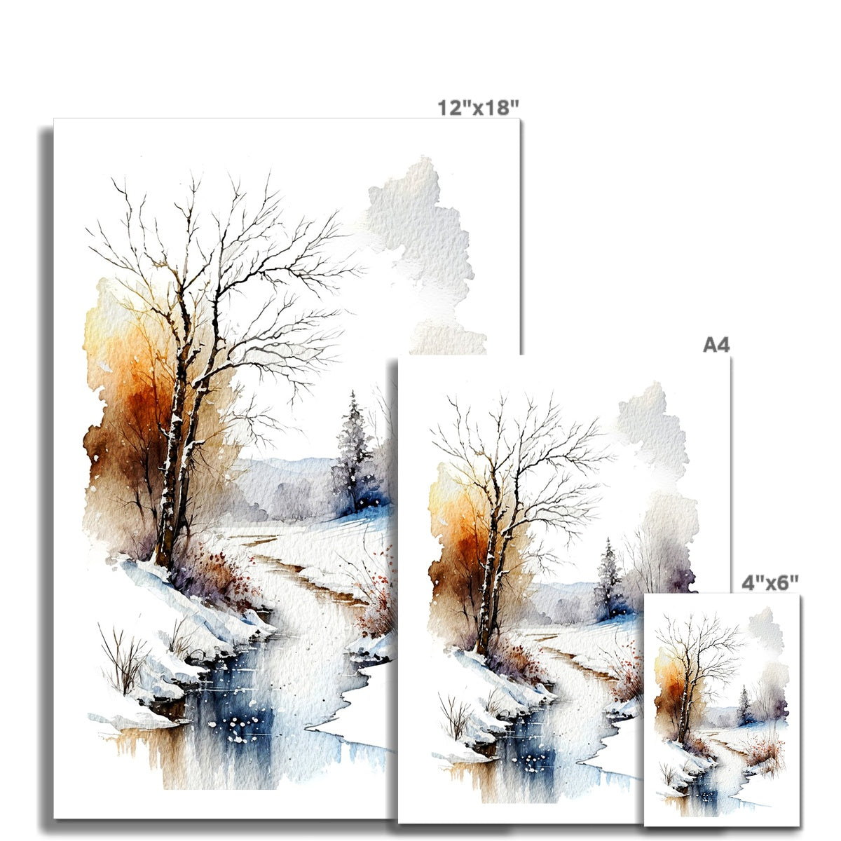 Watercolour Winter Snowy Landscape Painting Fine Art Print