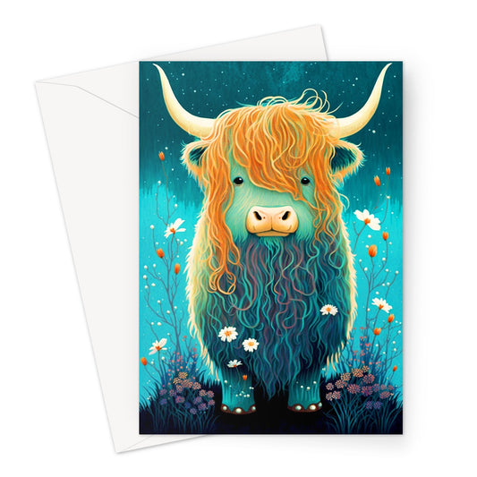 Whimsical Scottish Highland Cow Illustration Greeting Card