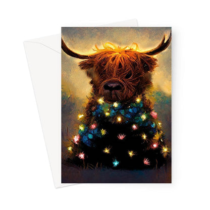 Highland Cow Christmas Card with Fairy Lights