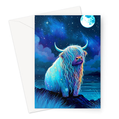 Whimsical Iridescent Ethereal Highland Cow Moon Stars Aurora Borealis Greeting Card