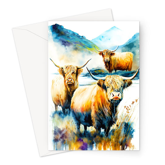 Watercolor Group of Amazing Highland Cows In Summer Greeting Card