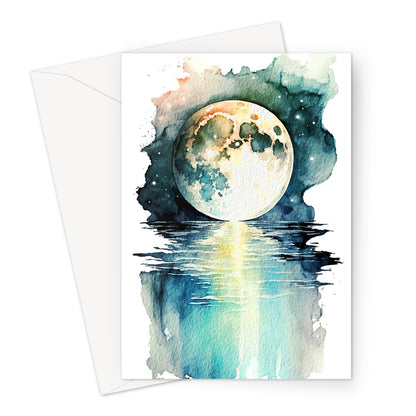 Watercolour Mystical Enchanting Moon Over Water Painting Greeting Card