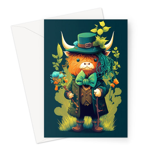 Whimsical Scottish Highland Cow Leprechaun Illustration Greeting Card