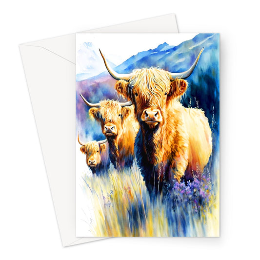 Watercolor Family of Amazing Highland Cows In Summer Greeting Card