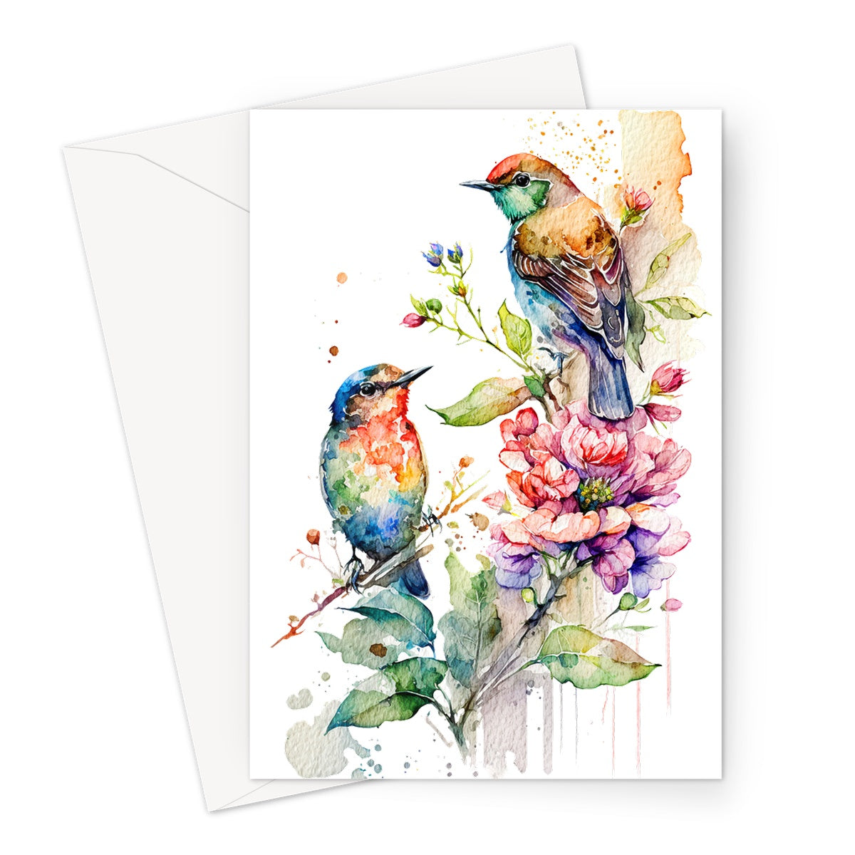 Watercolour Beautiful Colourful Birds and Flowers Painting Greeting Card