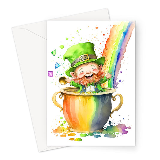 Cute Adorable Watercolor Leprechaun Pot of Gold Rainbow  Greeting Card