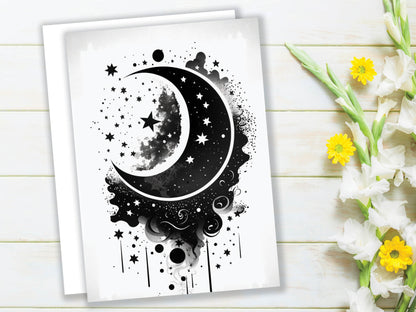 Black Vector Moon and Stars Greeting Card