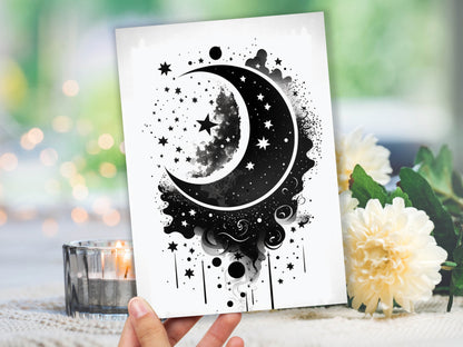 Black Vector Moon and Stars Greeting Card