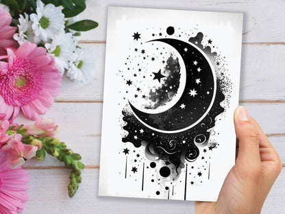 Black Vector Moon and Stars Greeting Card