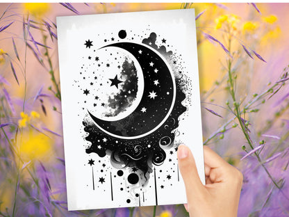 Black Vector Moon and Stars Greeting Card