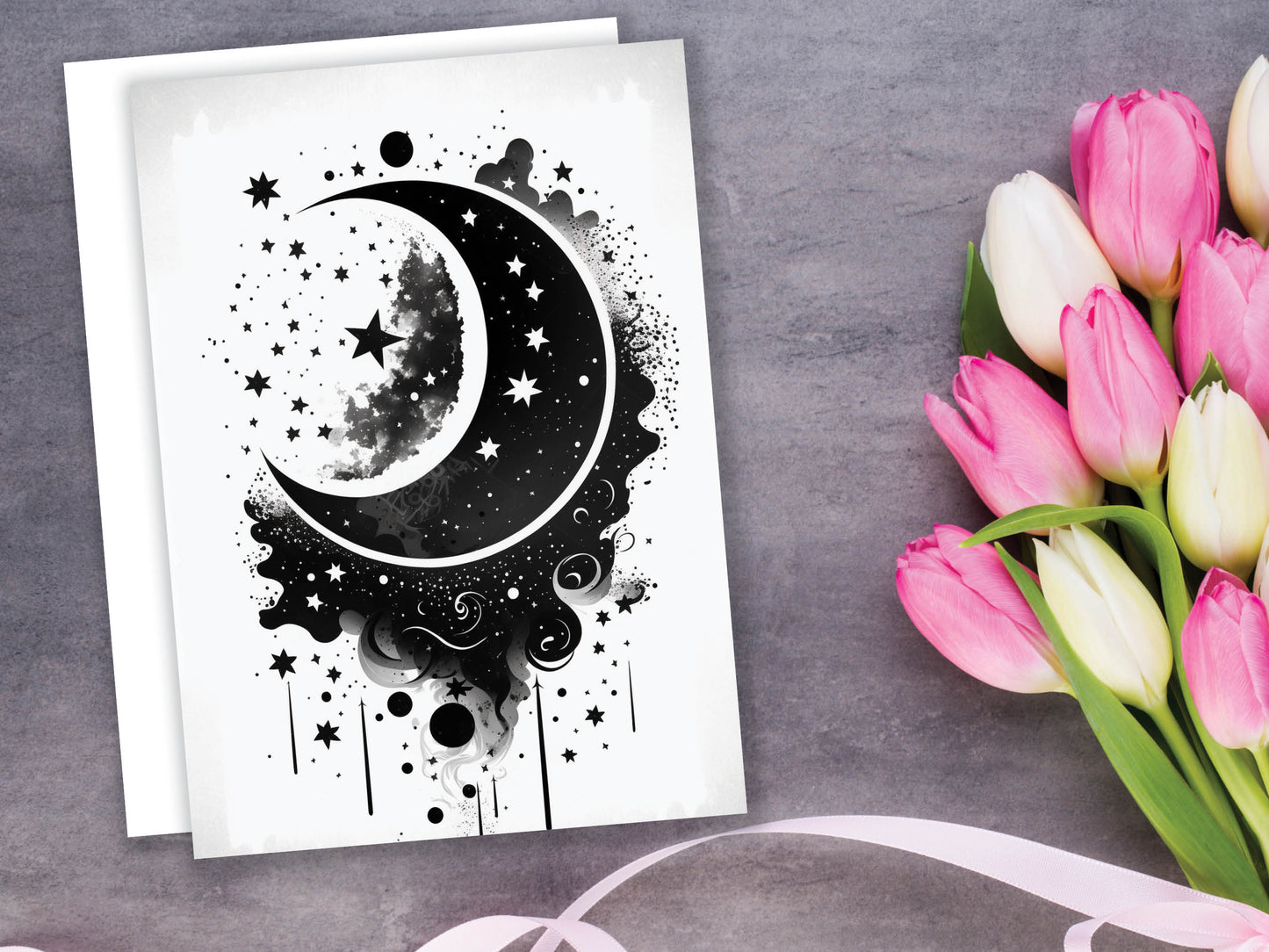 Black Vector Moon and Stars Greeting Card