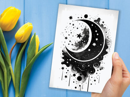 Black Vector Moon and Stars Greeting Card