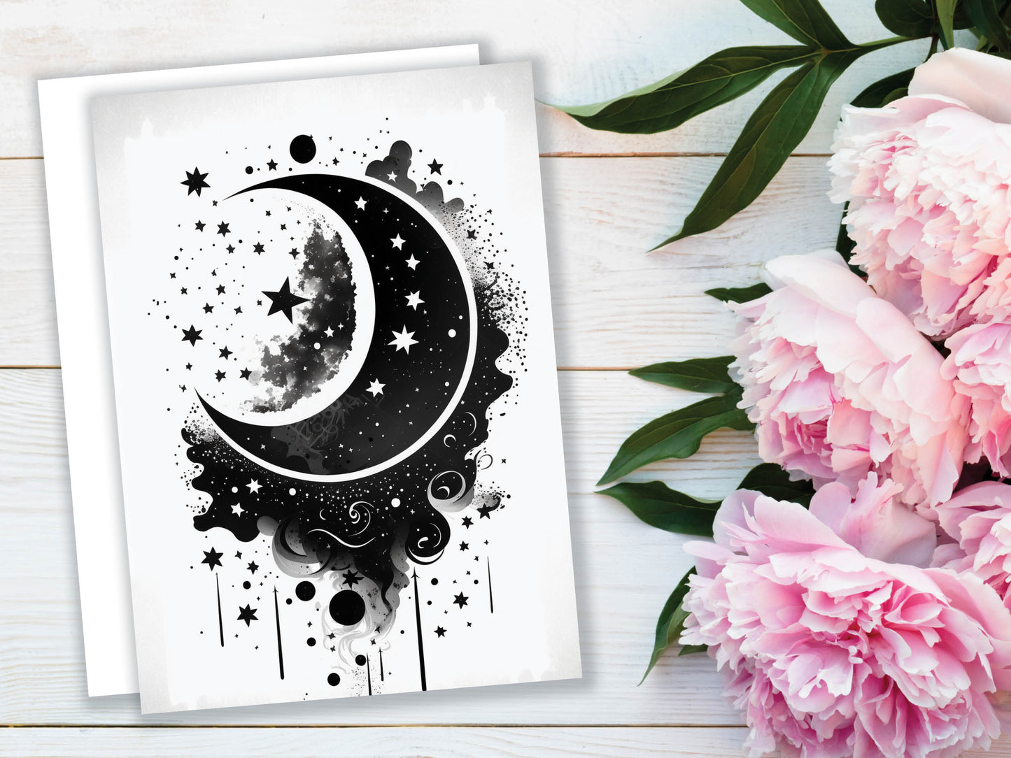 Black Vector Moon and Stars Greeting Card