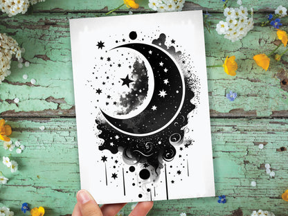 Black Vector Moon and Stars Greeting Card