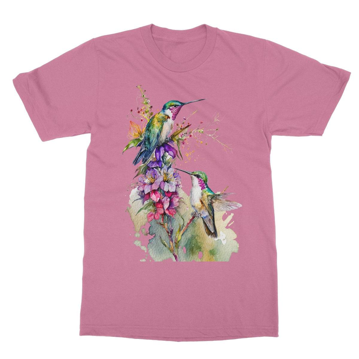 Watercolour Lovely Hummingbirds and Flowers Painting Softstyle T-Shirt