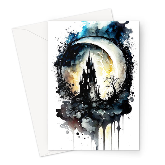 Gothic Moon Messy Ink Tower Castle and Wash Greeting Card