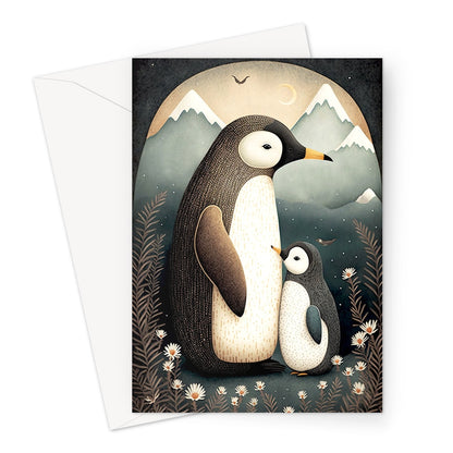 Adorable Mother and Baby Penguin Illustration Greeting Card