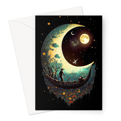 Whimsical Crescent Moon Dreamy Boat and Nature Illustration Greeting Card