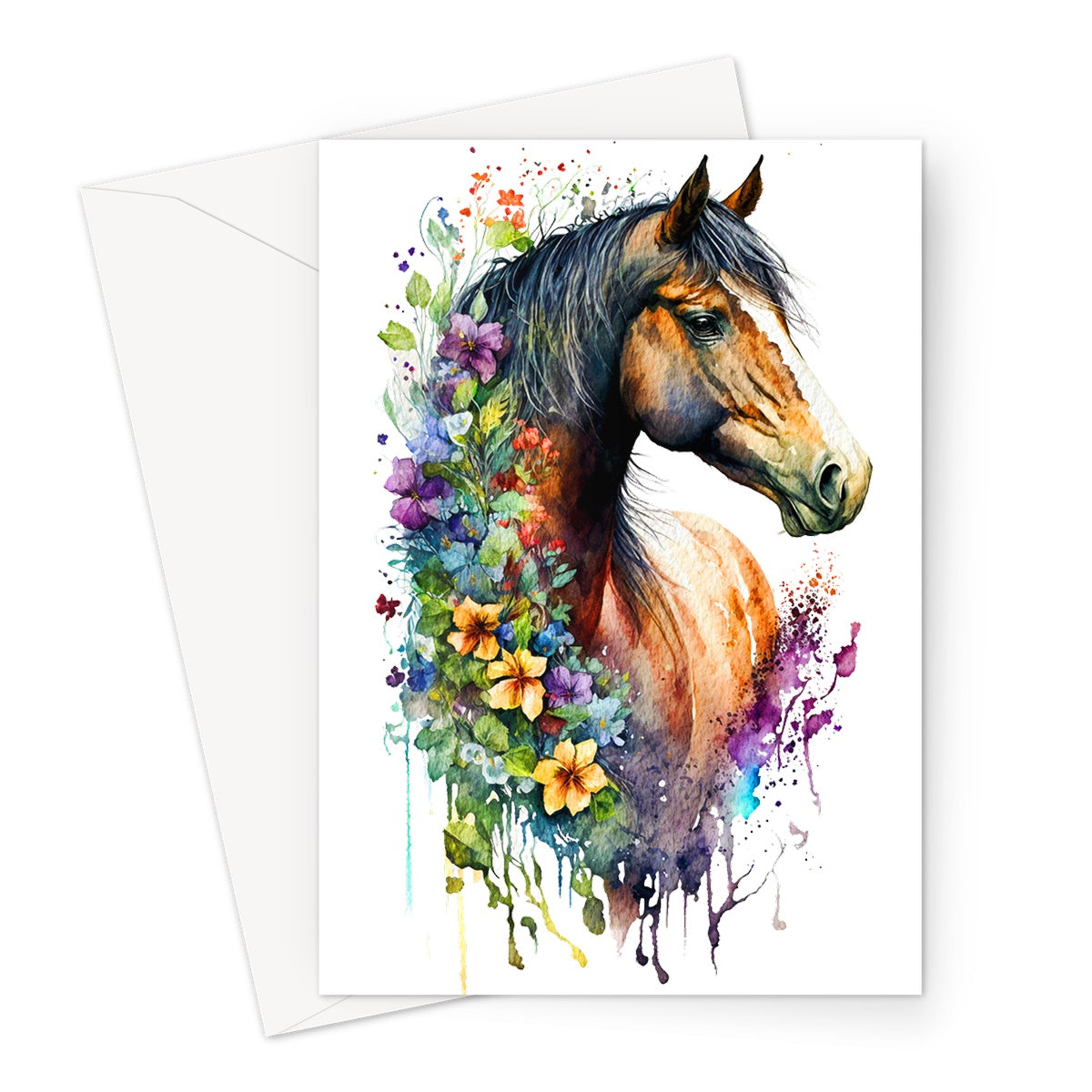 Watercolour Stunning Horse With Beautiful Flowers Painting Greeting Card