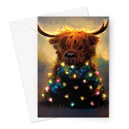 Highland Cow Christmas Card with Fairy Lights