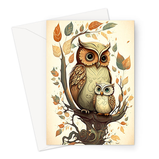 Lovely Mother and Baby Owl Illustration Greeting Card