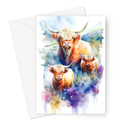 Watercolor Group of Beautiful Highland Cows In Summer Greeting Card