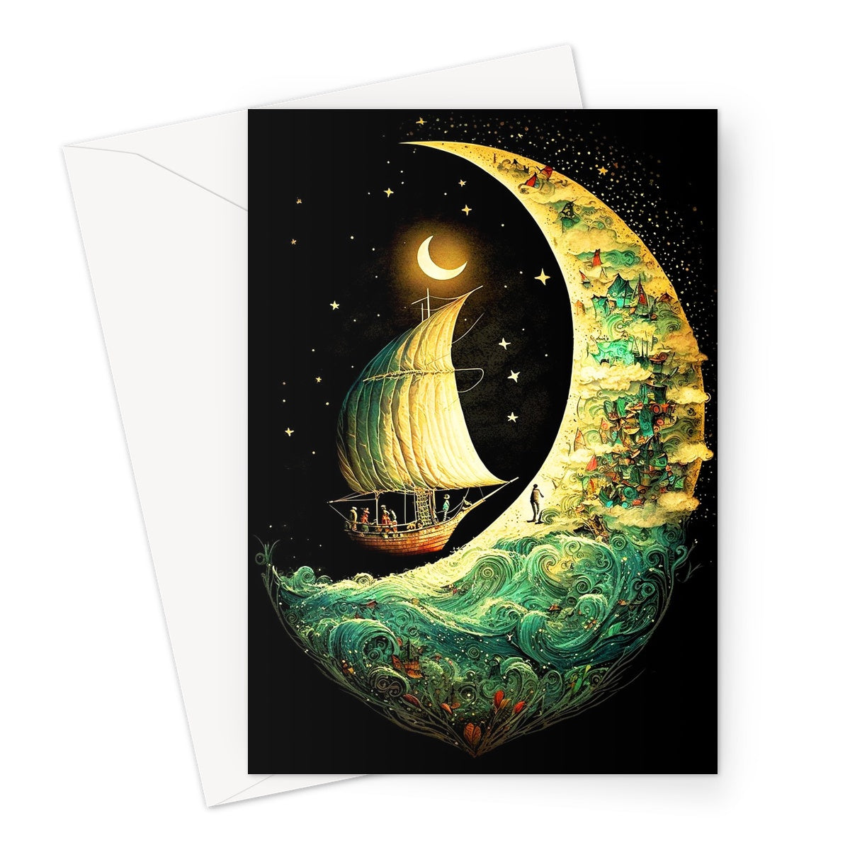 Whimsical Crescent Moon Illustration Greeting Card