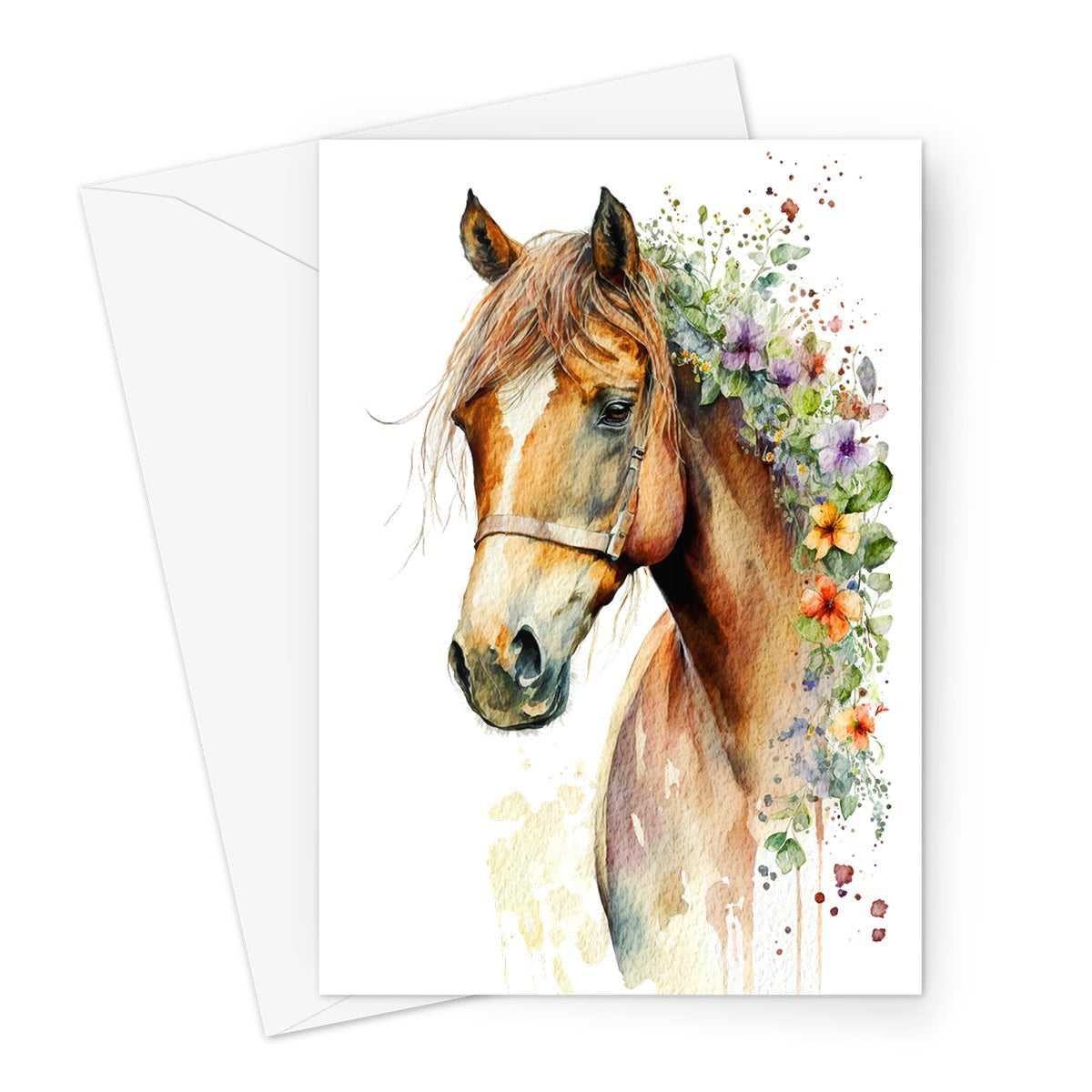 Watercolour Majestic Horse With Flowers Painting Greeting Card