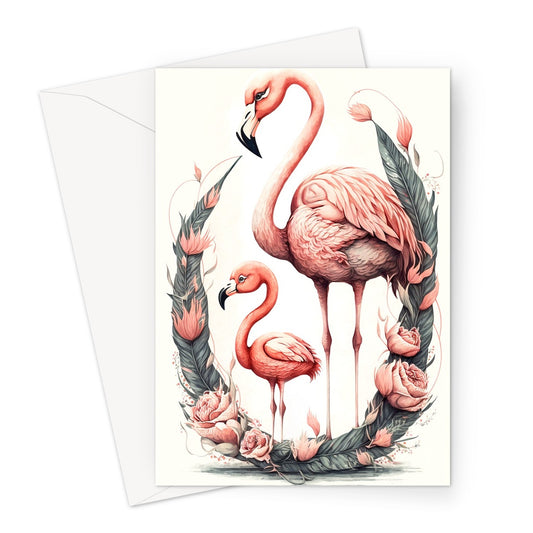 Cute Precious Mother and Baby Flamingo Illustration Greeting Card