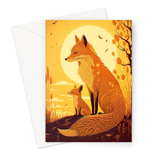 Golden Mother Fox and Cub Illustration Greeting Card