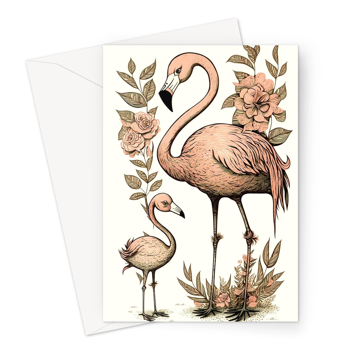 Cute Lovely Mother and Baby Flamingo Illustration Greeting Card